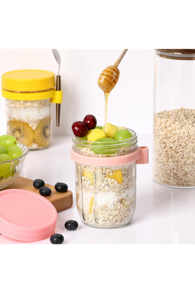 Leon Lifestyle Glass bowl for oatmeal and yogurt with lid and spoon - portabl...