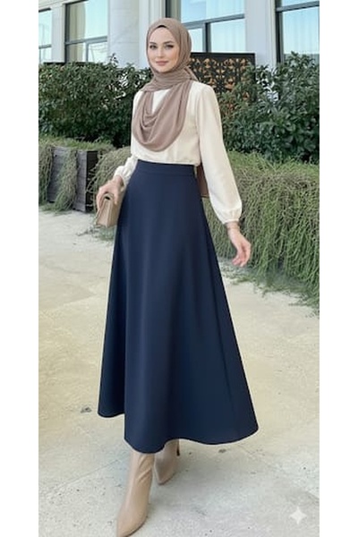 KARSEL Women's Scuba Diving Fabric Navy Blue Hijab Flared Skirt