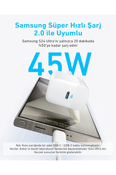 Anker 45 W Şarj Cihazı + USB-C Şarj Kablosu Beyaz