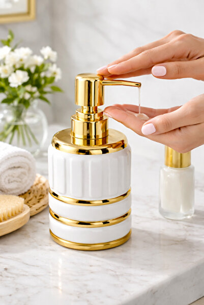ARVALE ELEGANCE Gold Detaylı Beyaz Porselen Sıvı Sabunluk – Evye Üstü Banyo K...