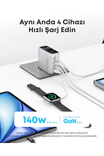 Anker 140W 4 Port Hızlı Şarj Cihazı Gri + Kablo A2697