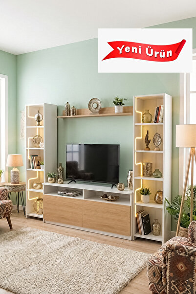 Platinreyon LABİRENT LEDLİ DUVAR TV ÜNİTESİ BEYAZ GÖVDE MEŞE