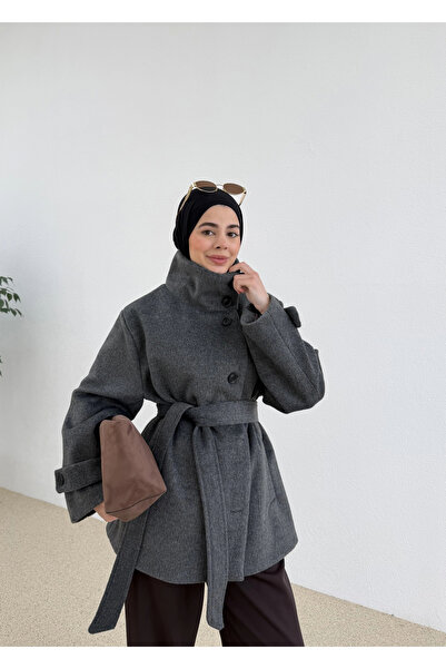 MODA AKSA KUŞAKLI DİK YAKA KABAN antrasit