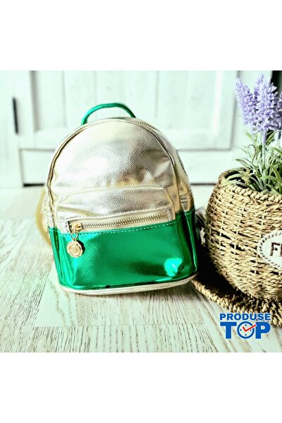 shine Metallic Backpack with Green Eco Leather Exterior Pocket ACRD064