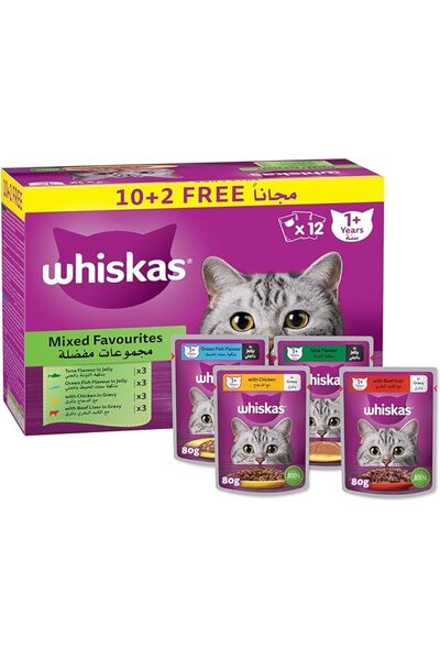 Whiskas Mixed Favourites Wet Cat Food 10+2 Multipack - 12X80G