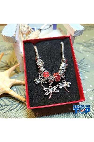 Produse.Top Brățară de damă cu pandantive libelule și mărgele Shamballa roșii...