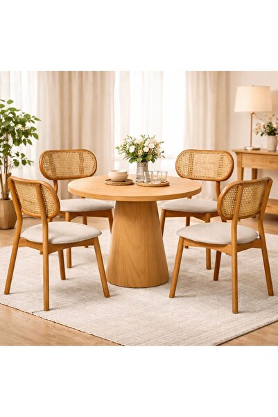 Albero Home Yuvarlak Masa Takımı 100×100 | Kayın Kaplama Masa + Hasırlı Sanda...