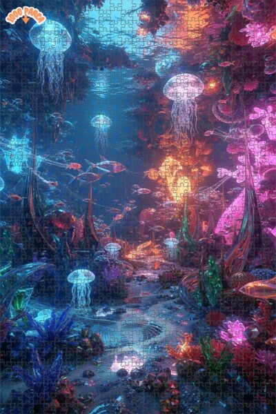 Teona Ahşap Neon Deniz Altı Fantastik Renkler Yağlı Boya Görünümlü Sanat Puzz...