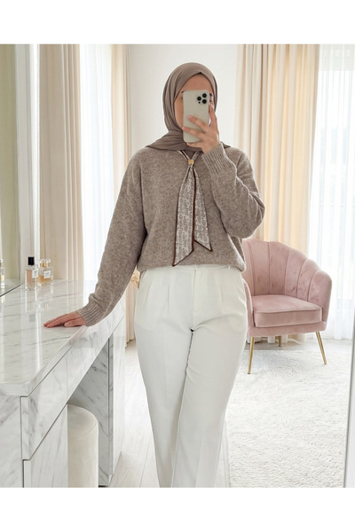 Modamorfo Soft Knit Sweater with Scarf - Light Mink