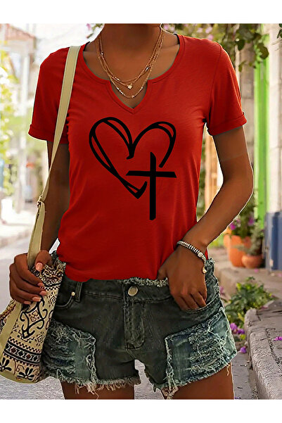 mercoledi Women's Heart Cross Printed Half V-Neck Sleeves Regular Fit Comfort...