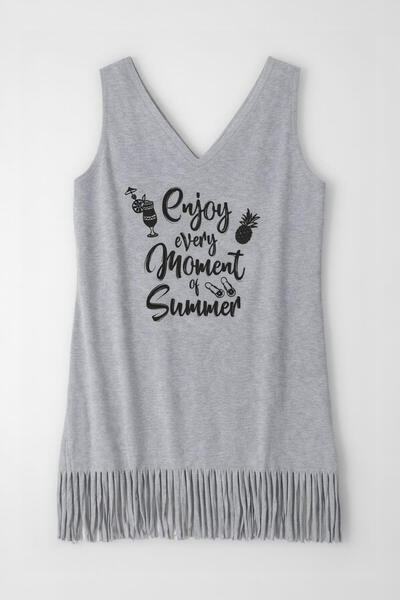 MARKAPIA WOMAN Women's V-Neck Enjoy Printed Tassels Slim Gray Beach Dress