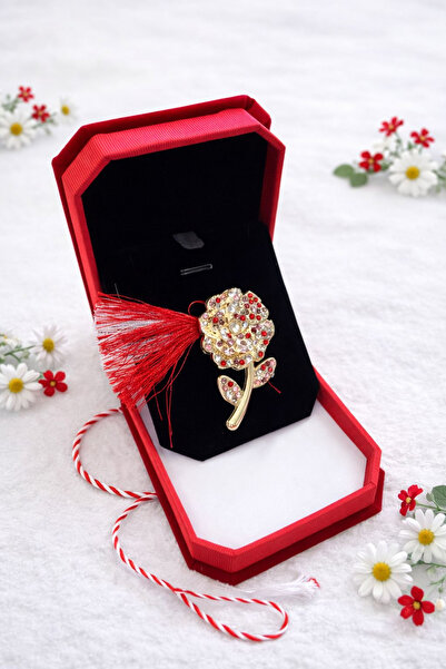 OEM Broșă din aur roz cu pietre, mărțișor elegant, cutie de catifea 10x7.5x3 cm