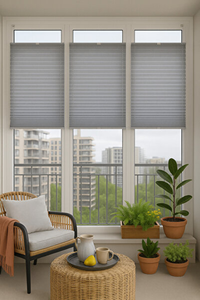 NetworkAvm Gri Plise Katlanır Cam Balkon Perdesi - Ofis Perdesi - Mutfak Perd...