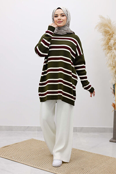Tesettür Dünyası Horizontal Line Detailed Knitwear Tunic Tsd260108 Khaki