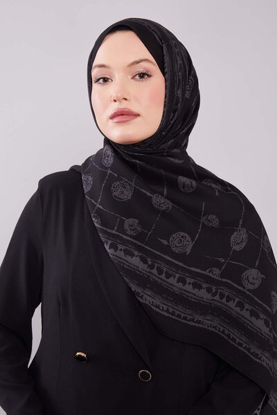 Levidor Black-Grey Round Patterned Wool Silk Shawl
