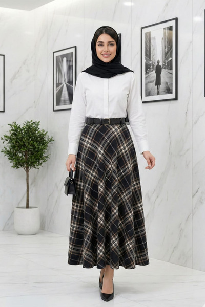 Hb Harma Time Butik Women's Black Patterned Belted Skirt