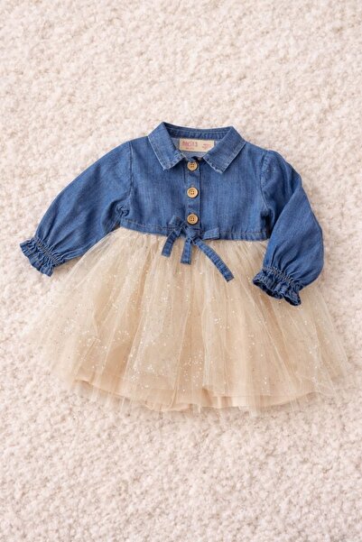 Luna Eteği Tül Denim Kız Bebek Elbise