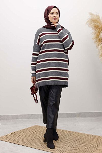 Tesettür Dünyası Horizontal Line Detailed Knitwear Tunic Tsd260108 Smoked