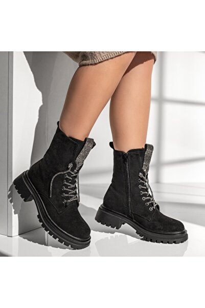 Modlet.ro Women's black suede boots with metallic details and zipper MOD12787