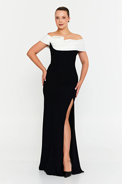 ŞEREF VURAL Women's Plus Size Madonna Collar Deep Slit Fish Form Evening Dres...