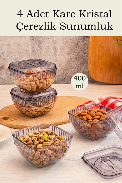 Crystal Ware 4 Adet Kare Kristal Antrasit Çerezlik , Sunumluk, Kahvaltılık Se...