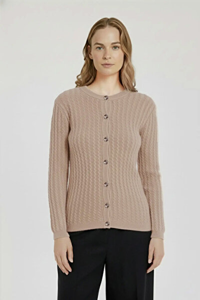 Triko Mısırlı Camel Örgü Desenli Kadın Hırka