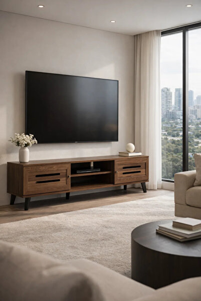 MARIA HOMES حامل تلفزيون خشبي عصري، بني داكن، بتصميم أمامي مشقوق، 180 × 40 × ...