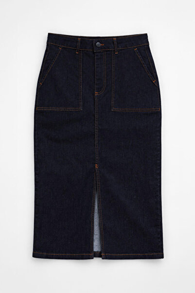 Bluewhite تنورة جينز باللون الأزرق الداكن مع شق جيوب أمامية قماش قابل للتمدد