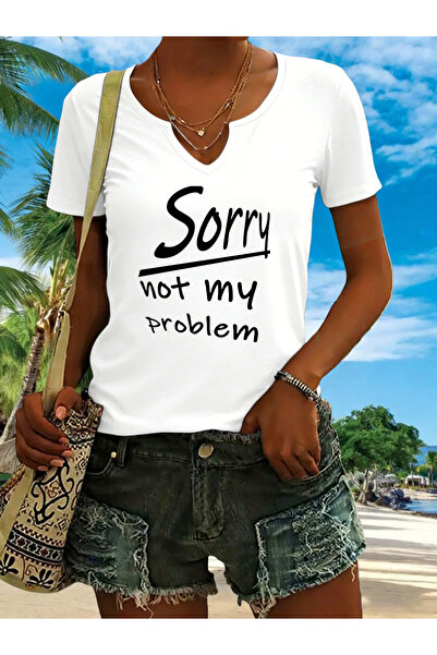 mercoledi Дамска тениска с принт "Не е мой проблем", половин V-образно деколт...
