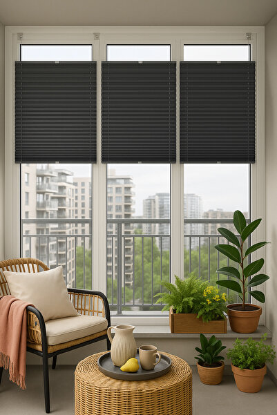 NetworkAvm Antrasit Plise Katlanır Cam Balkon Perdesi - Ofis Perdesi - Mutfak...