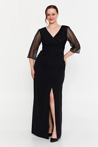 DORİDORCA Women's Plus Size Double-Breasted Long Evening Dress with Stones on...