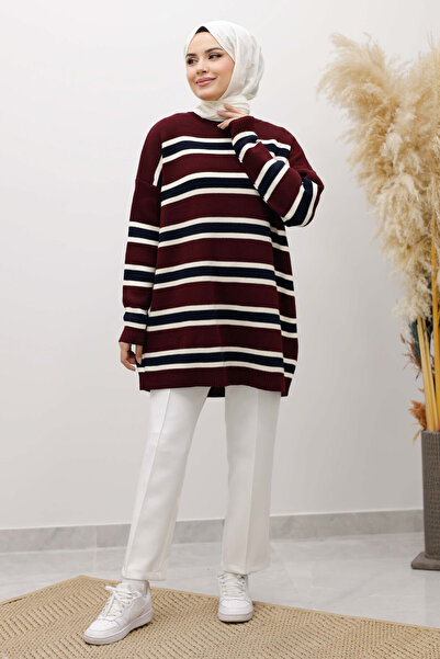 Tesettür Dünyası Horizontal Line Detailed Knitwear Tunic Tsd260108 Claret Red