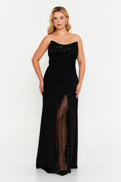 DORİDORCA Kadın Büyük Beden Straplez Göğsü Taş İşlemeli Uzun Abiye Elbise 708...