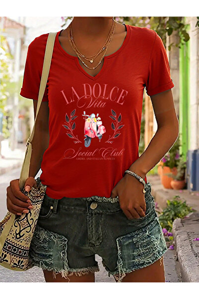 mercoledi Women's Dolce Vita Printed Half V-Neck Sleeves Regular Fit Casual T...