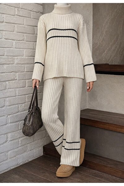 NEWCO Cream Striped Detail Turtleneck Corded Fabric Knitwear Double Set Comfo...