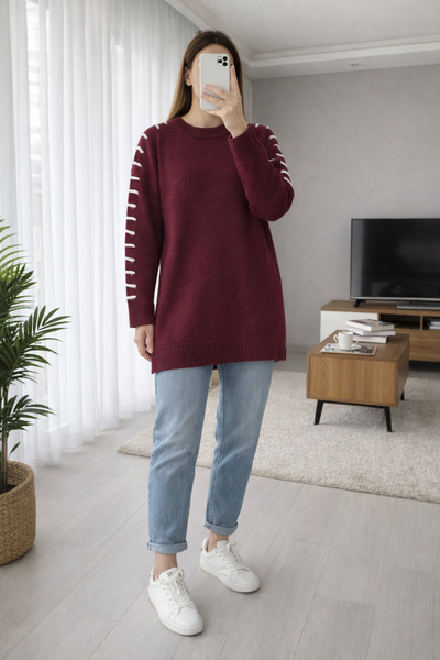 MODAQU تونيك تريكو ناعم بأكمام مزينة بتفاصيل حبلية - أحمر داكن