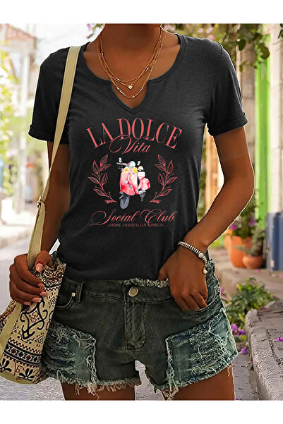 mercoledi Dolce Vita cu imprimeu pentru femei, cu decolteu în V, mâneci pe ju...
