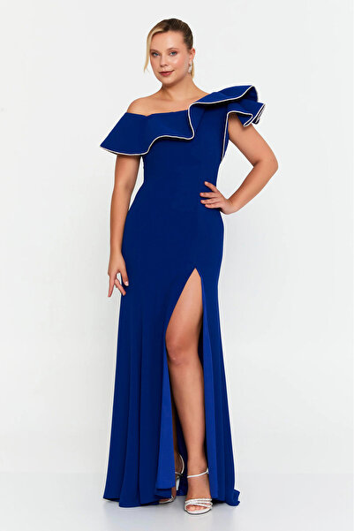 ŞEREF VURAL Women's Plus Size One Shoulder Flounce Detailed Deep Slit Long Ev...