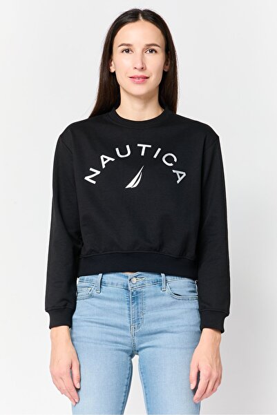 Nautica Women Crew Neck Brand Logo Long Sleeve Sweatshirt, Black