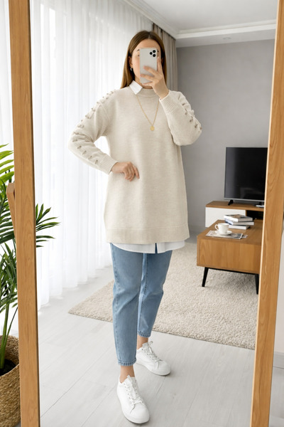 MODAQU Soft Knitwear Tunic with Rope Detail on the Sleeves - Cream