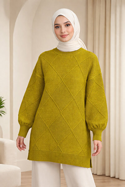 Kirazgym سترة نسائية سادة بنقشة البقلاوة و شق سترة تريكو - أخضر زيتي