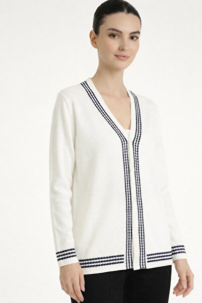 Msrlassn Ekru Lacivert Şeritli Kadın Hırka