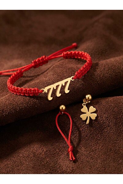 Nayra Işıltısı 777 Bileklik + Şans İpi + Yonca Figürlü Çelik Şans Küpesi