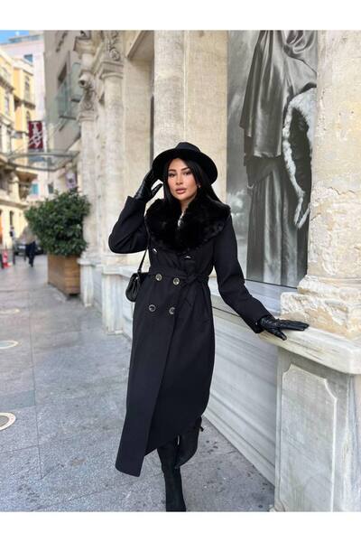 Jaglion Fur Detailed Premium Belted Lined Relaxed Fit Women's Cashmere Coat