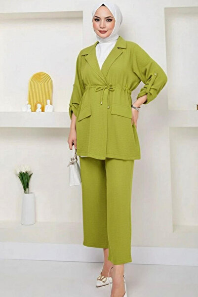 Tesettür Diyarı Tie-Waist Jacket and Trousers Summer Linen Set - Pistachio Green