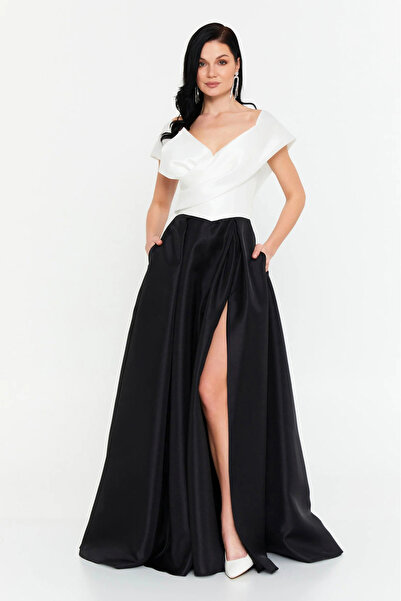 ŞEREF VURAL Women's Madonna Collar Deep Slit Flared Long Evening Dress 8416 B...