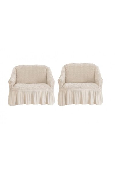 FARA Set of 2 Elastic Armchair Covers with Ruffles, Ecru