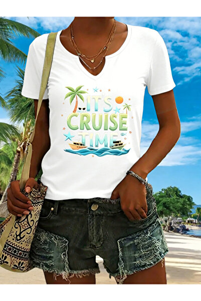 mercoledi Cruise Time cu imprimeu pentru femei, cu decolteu în V, mâneci, cro...