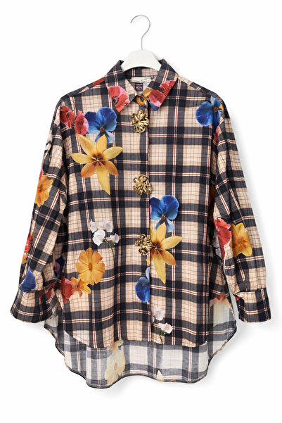 günay boutıque Floral Patterned Plaid Women's Shirt – Relaxed Fit, Long Sleeve