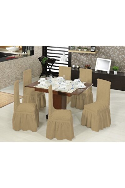 BULSAN Set of 6 Elastic Chair Covers with Ruffles, Dark Beige